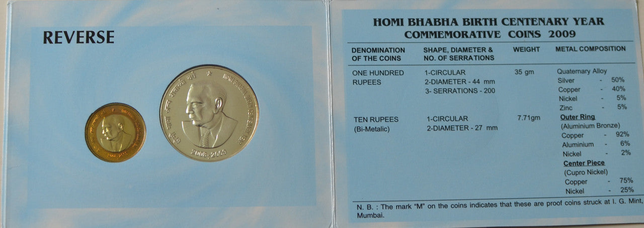 Homi Bhabha Birth Centenary Year Commemorative Coins-2009-Mumbai. UNC