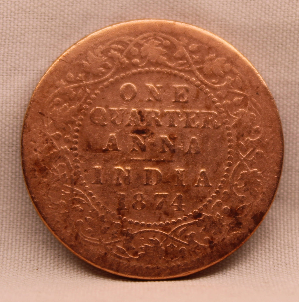 Quarter Anna 1874 Victoria Queen Copper Coin
