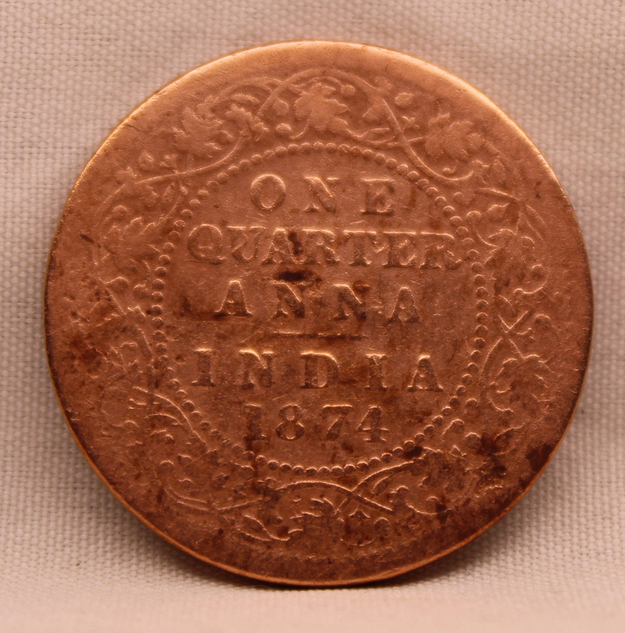 Quarter Anna 1874 Victoria Queen Copper Coin