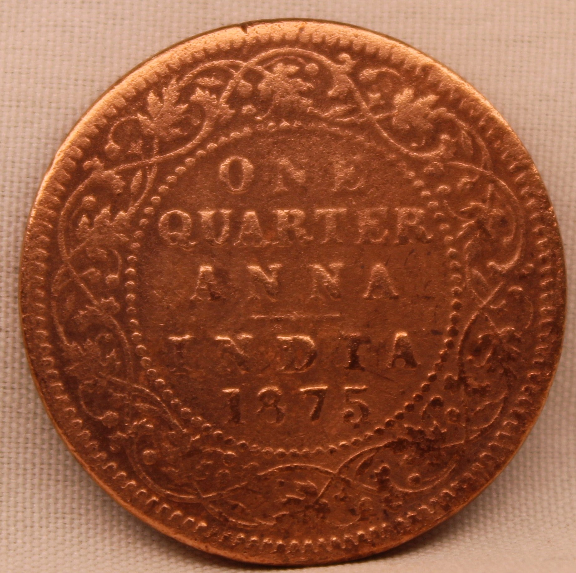 Quarter Anna 1875 Victoria Queen Copper Coin