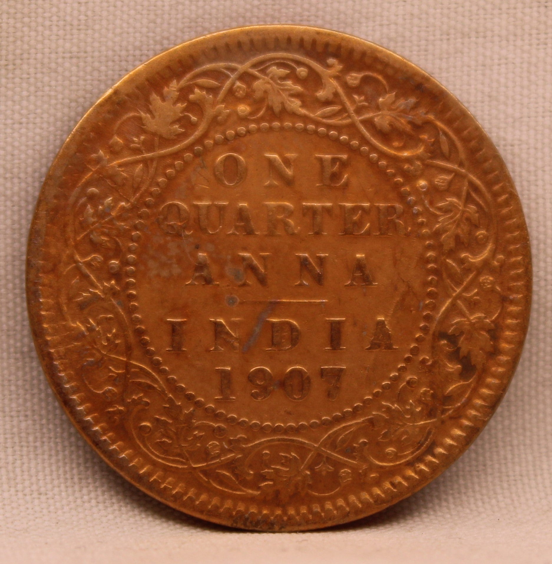Quarter Anna Coin of King Edward VII of Calcutta Mint of 1907 Copper