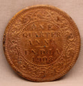Quarter Anna Coin of King Edward VII of Calcutta Mint of 1908 Copper