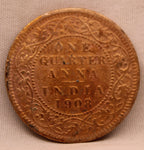 Quarter Anna Coin of King Edward VII of Calcutta Mint of 1908 Copper