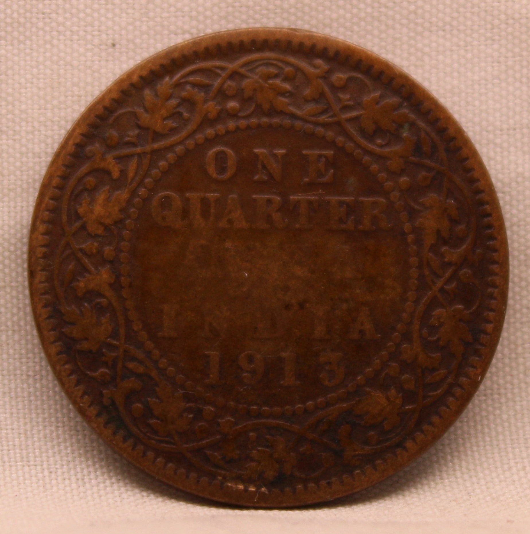 Quarter Anna Coin of King George V of Calcutta Mint of 1913 Bronze