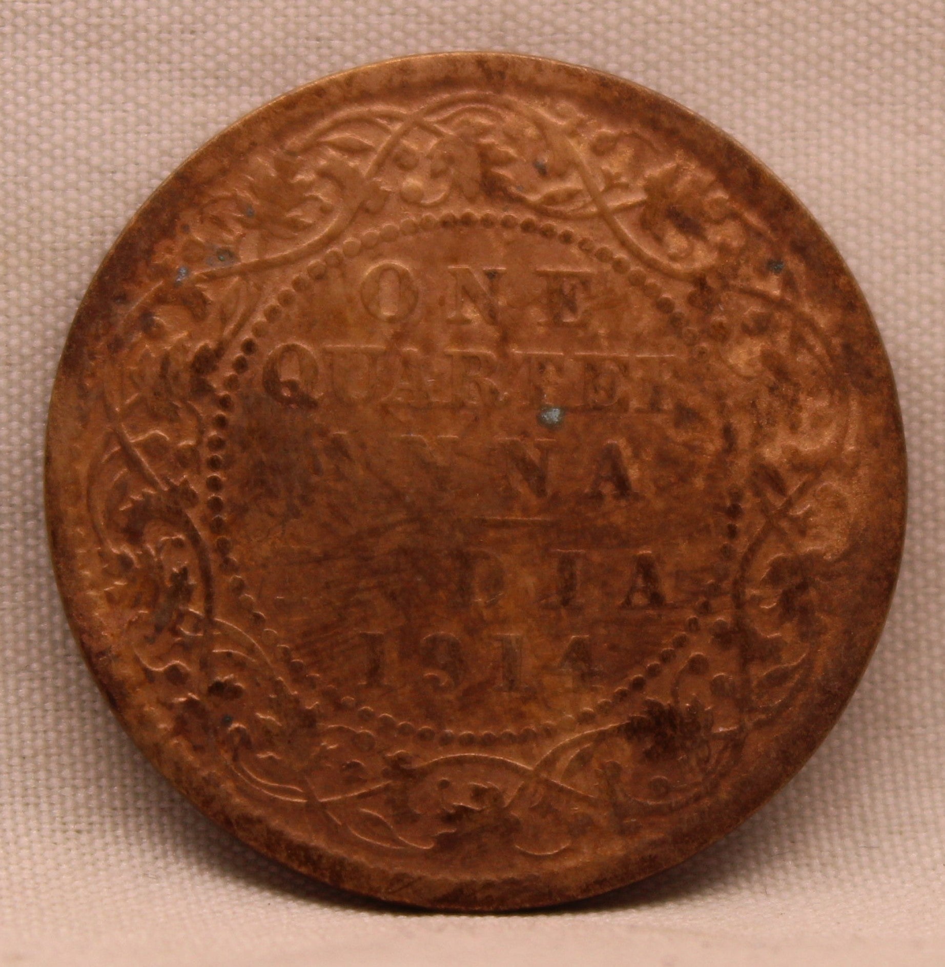 Quarter Anna Coin of King George V of Calcutta Mint of 1914 Bronze