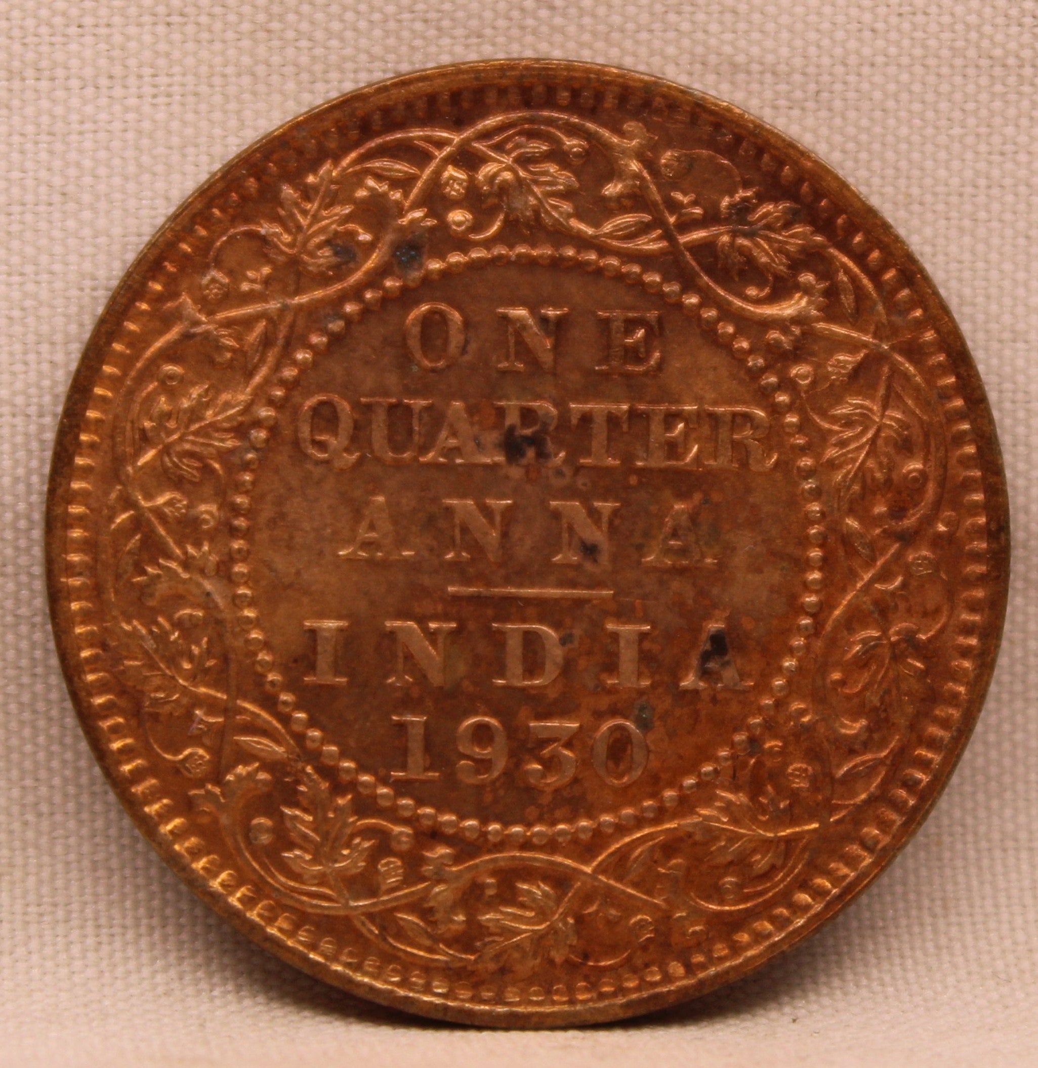 Quarter Anna Coin of King George V of Calcutta Mint of 1930 Bronze