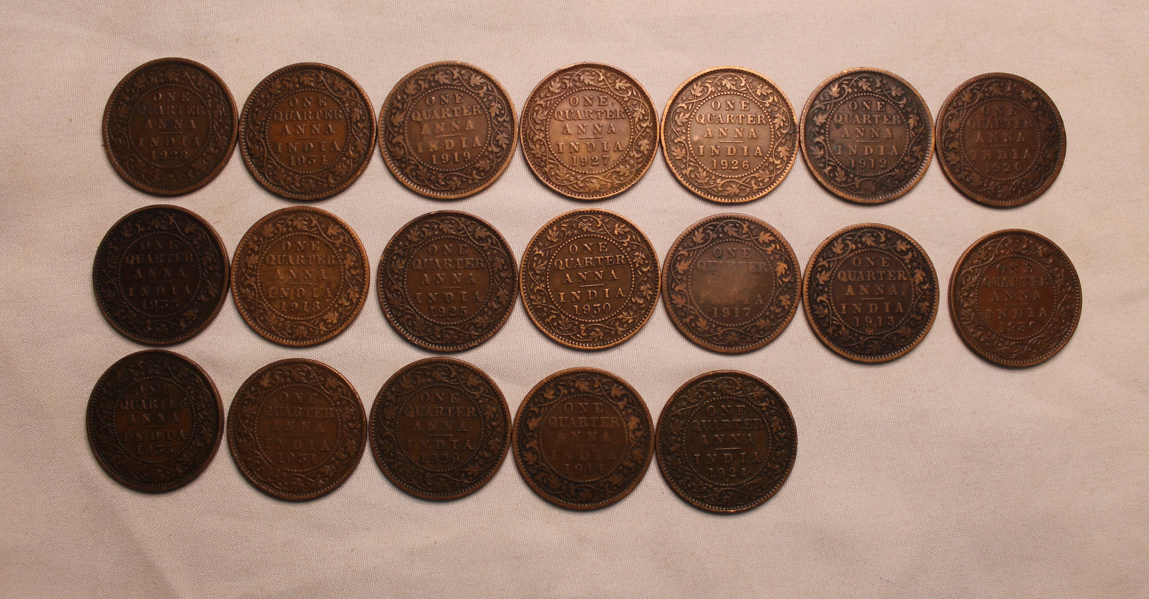 Quarter Anna  Set of 19 Coins (1912 - 1936) - AUNC