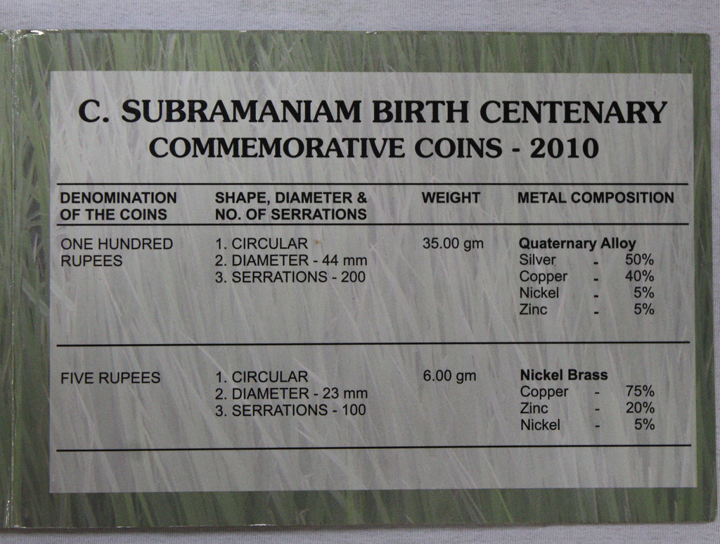 C.Subramaniam Birth Centenary Commemorative Coin- 2010 - Mumbai